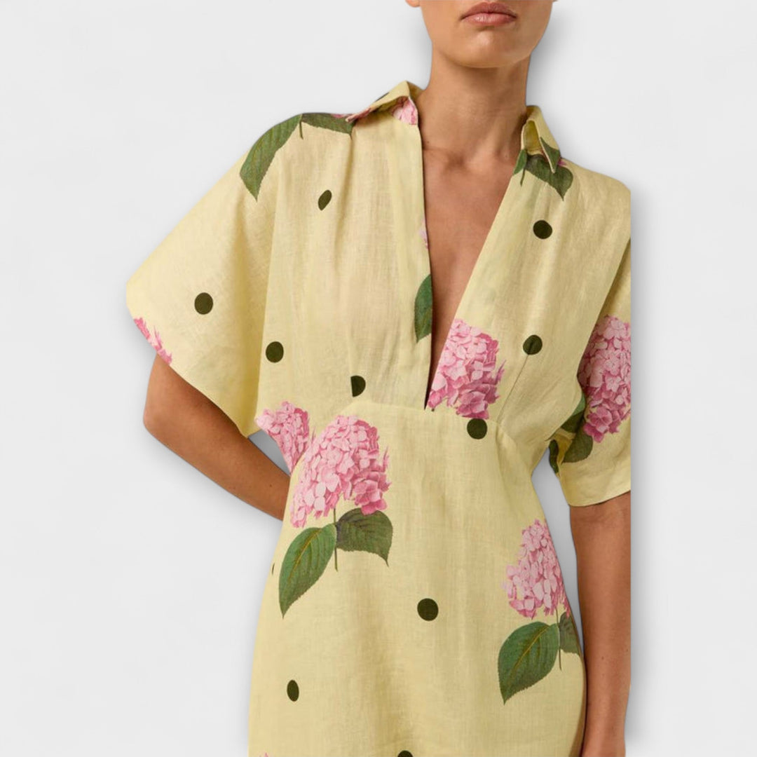 Liselotte - Vestido largo amarillo claro con estampado de hortensias