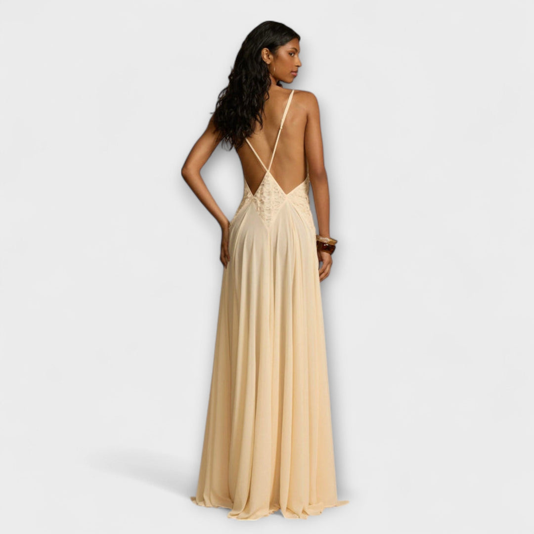 Lavinia - Vestido maxi color crema con escote en V profundo
