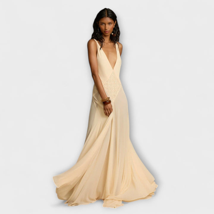 Lavinia - Vestido maxi color crema con escote en V profundo