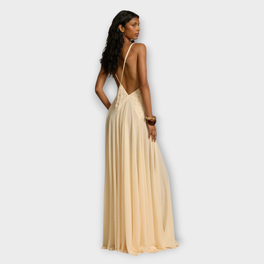 Lavinia - Vestido maxi color crema con escote en V profundo