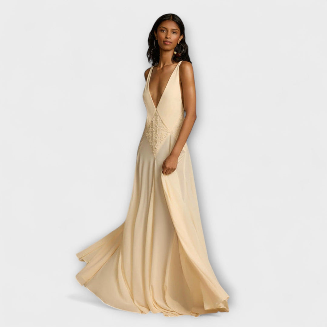 Lavinia - Vestido maxi color crema con escote en V profundo
