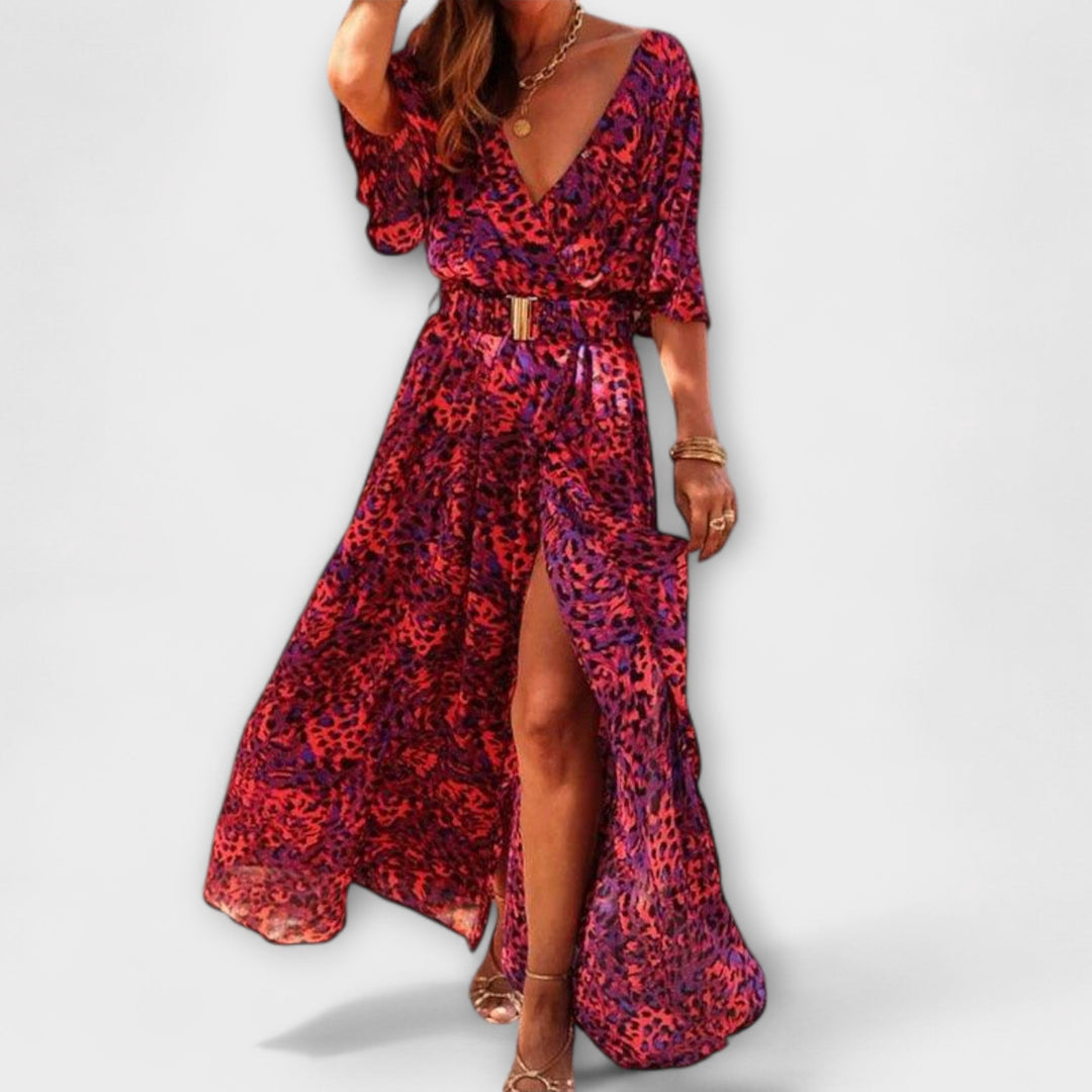 Sabine - Vestido maxi envolvente verde con estampado