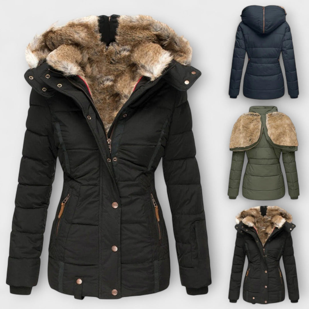 Tiana - Chaqueta elegante negra para mujer con capucha de piel