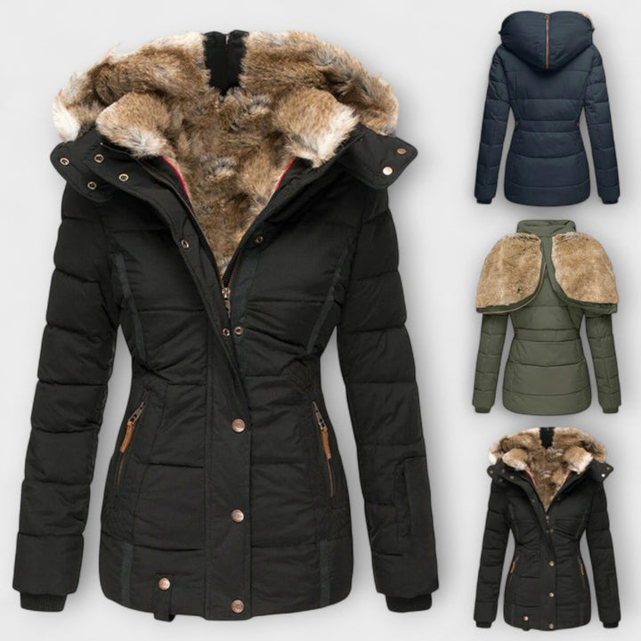 Tiana - Chaqueta elegante negra para mujer con capucha de piel