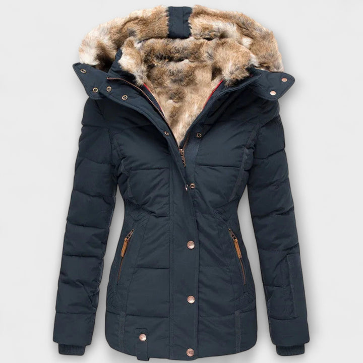 Tiana - Chaqueta elegante negra para mujer con capucha de piel