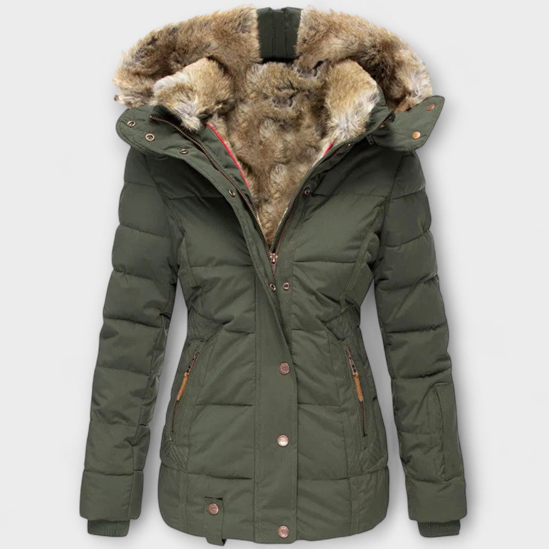 Tiana - Chaqueta elegante negra para mujer con capucha de piel