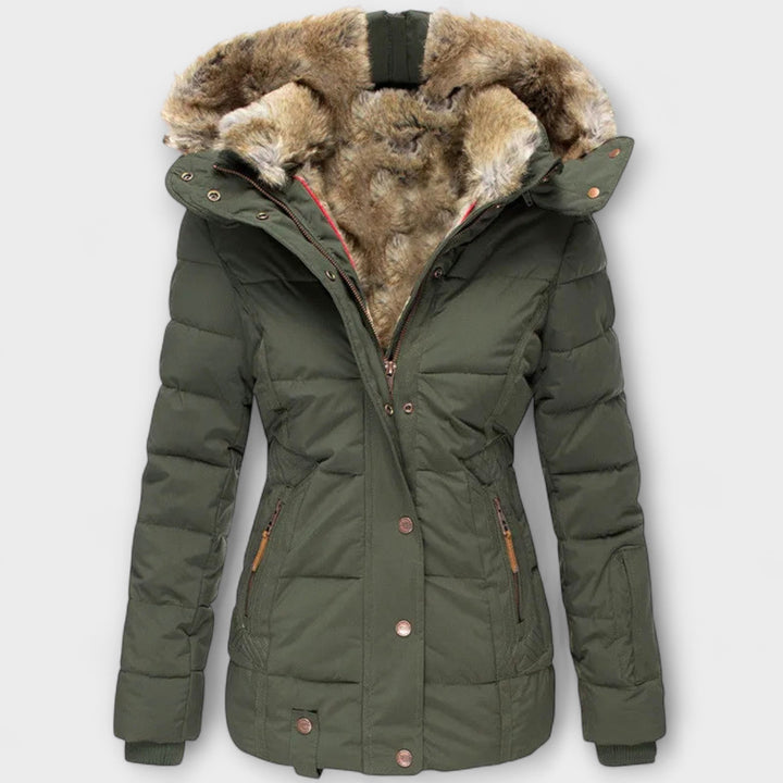Tiana - Chaqueta elegante negra para mujer con capucha de piel