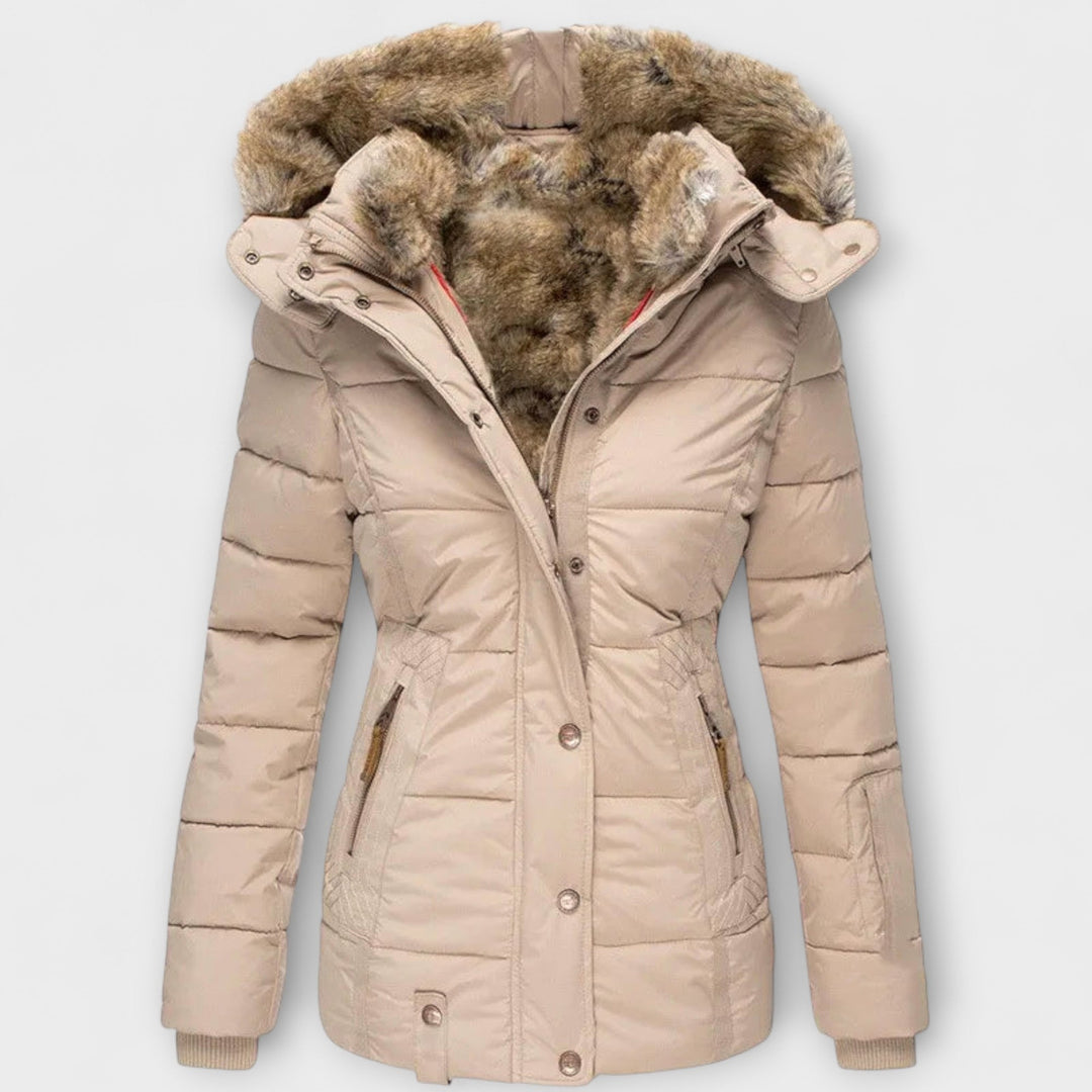 Tiana - Chaqueta elegante negra para mujer con capucha de piel