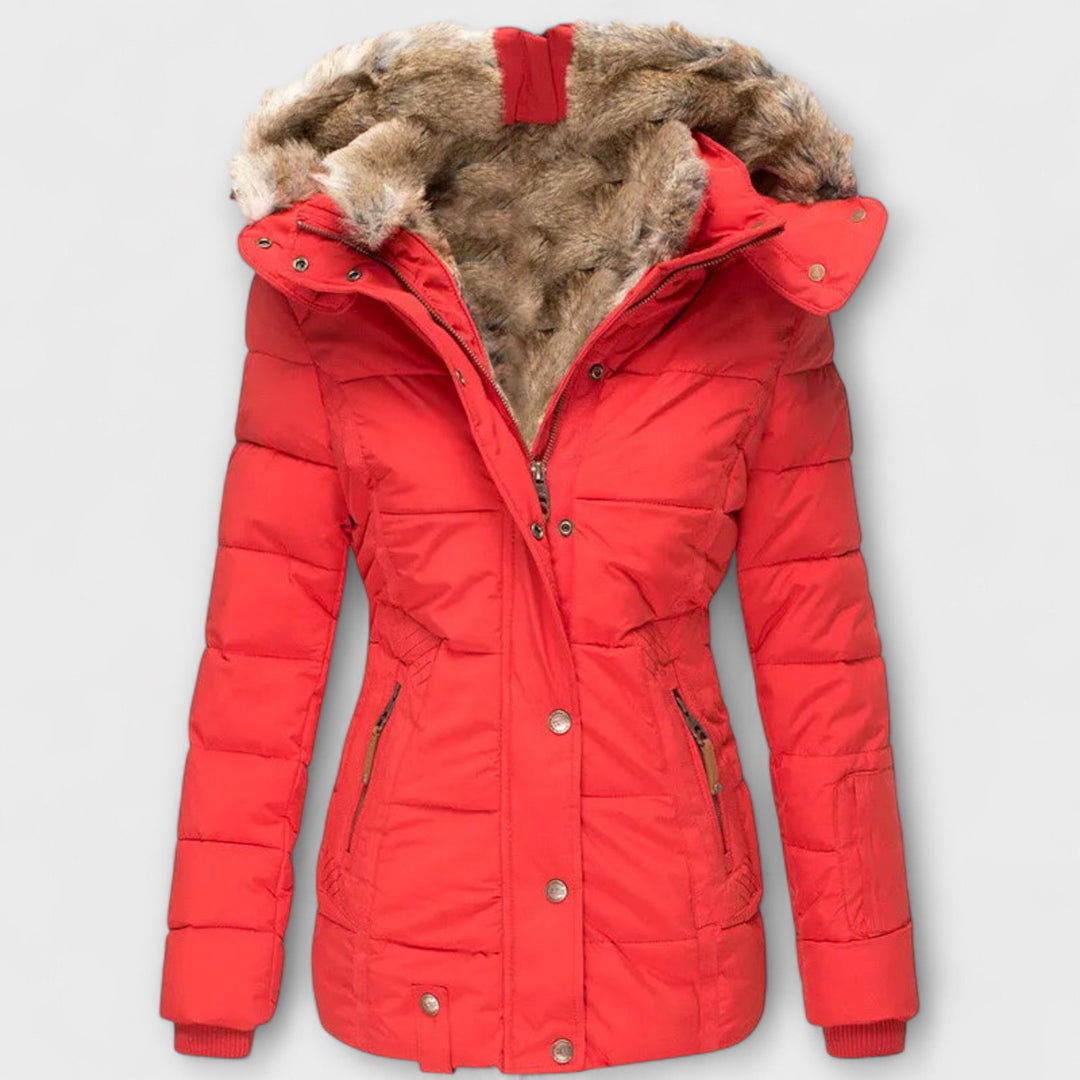 Tiana - Chaqueta elegante negra para mujer con capucha de piel
