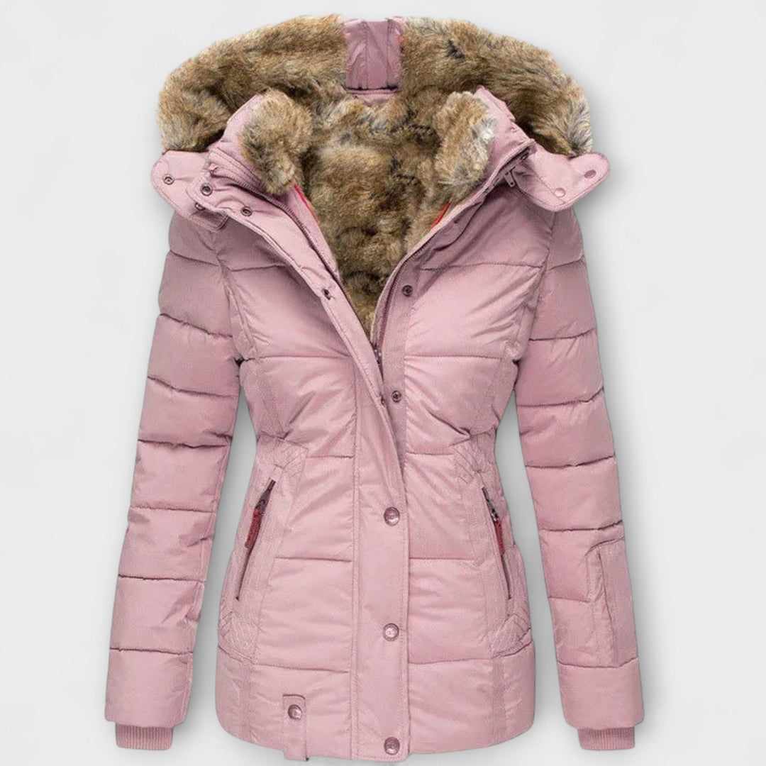 Tiana - Chaqueta elegante negra para mujer con capucha de piel