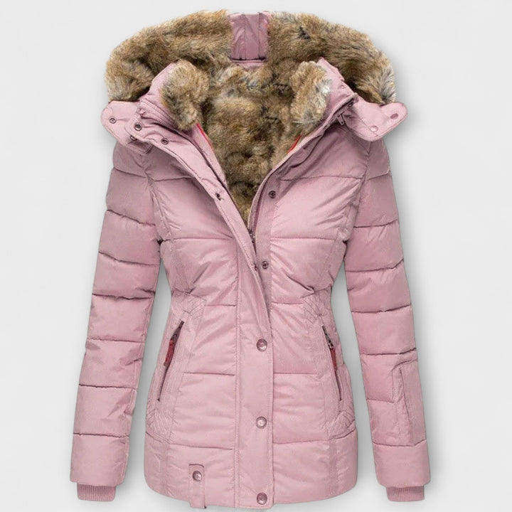Tiana - Chaqueta elegante negra para mujer con capucha de piel