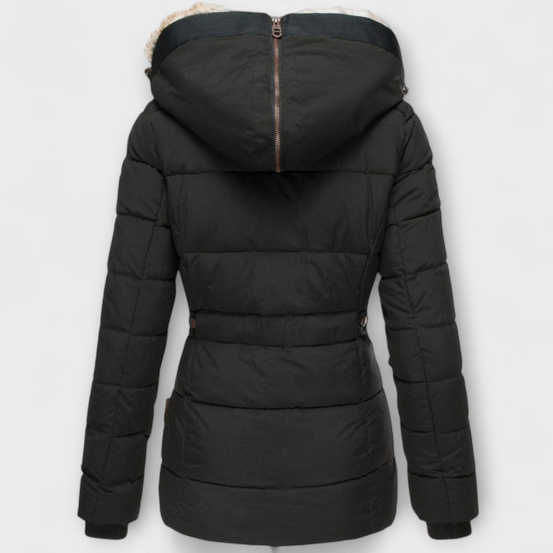 Tiana - Chaqueta elegante negra para mujer con capucha de piel