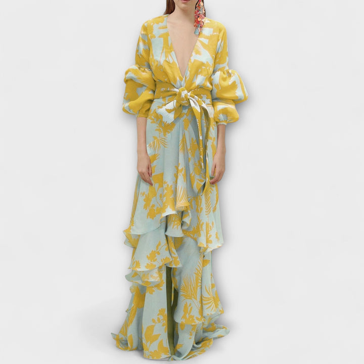 Marie - Vestido de fiesta amarillo de gasa con volantes