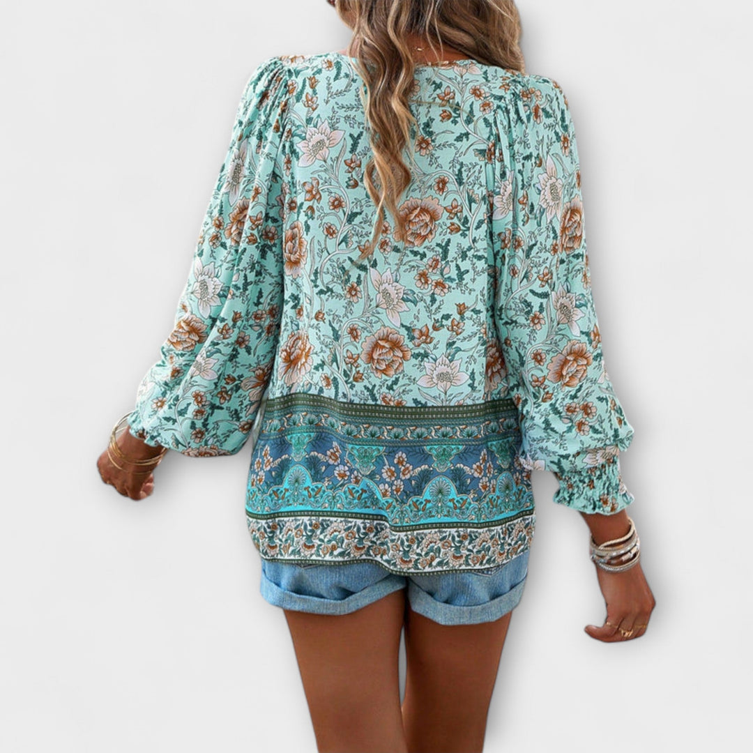 Melodie - Top bohemio con escote en V y lazo frontal