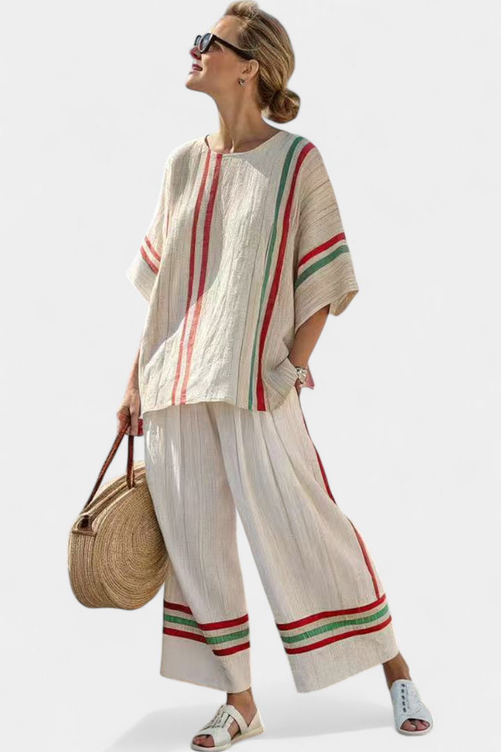 Beatriz - Conjunto mediterráneo color crema con rayas