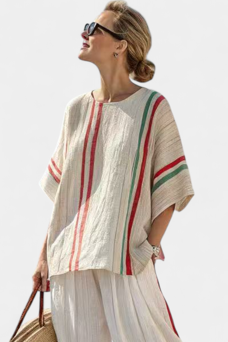 Beatriz - Conjunto mediterráneo color crema con rayas