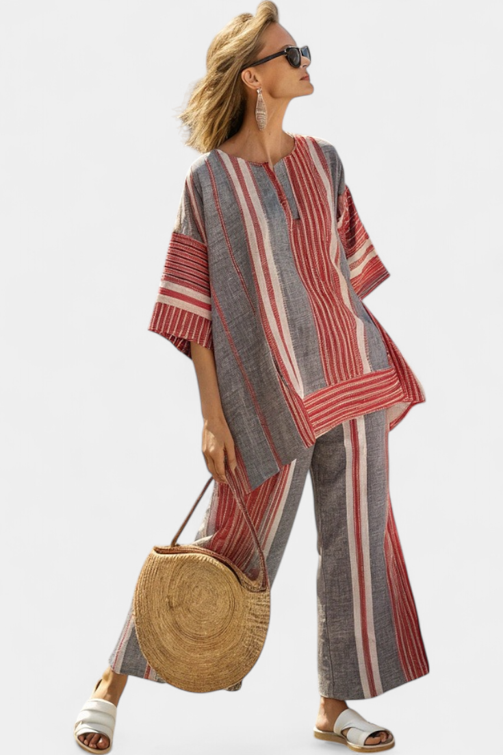 Matilde - Conjunto oversize rojo y gris con rayas