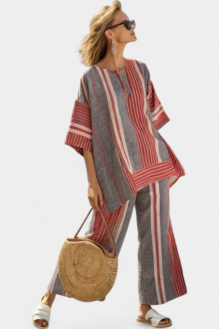Matilde - Conjunto oversize rojo y gris con rayas
