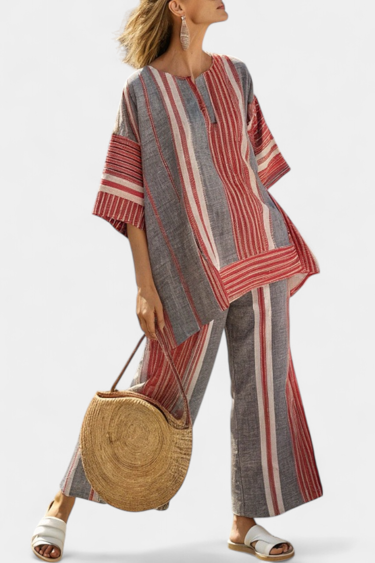 Matilde - Conjunto oversize rojo y gris con rayas