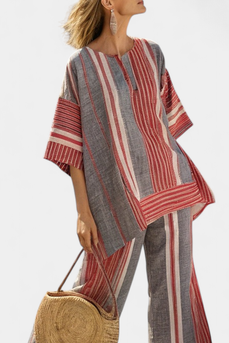 Matilde - Conjunto oversize rojo y gris con rayas