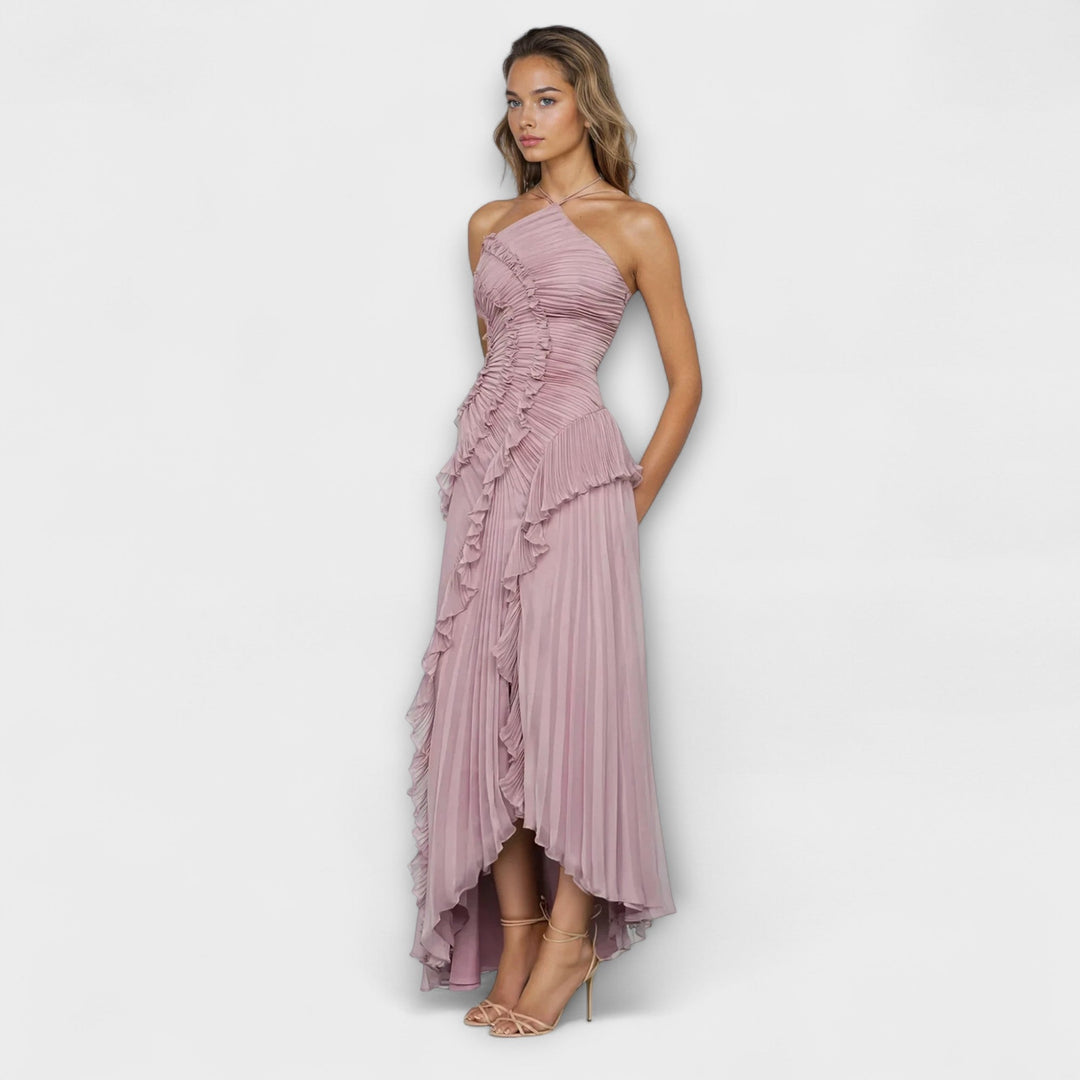 Elisia - Vestido maxí lila sin mangas con volantes