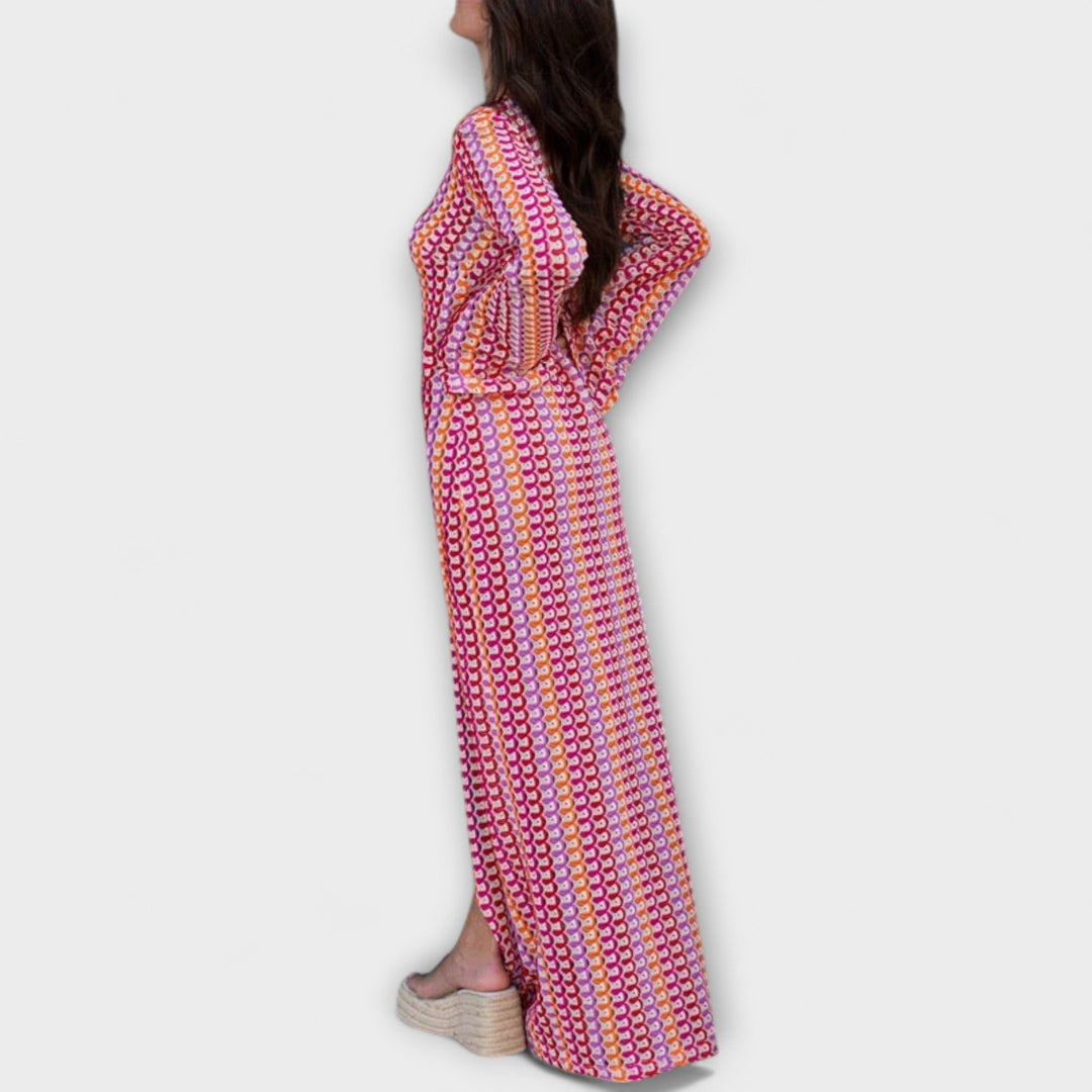 Elina - Vestido maxi de punto colorido con escote en V
