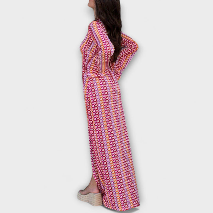 Elina - Vestido maxi de punto colorido con escote en V