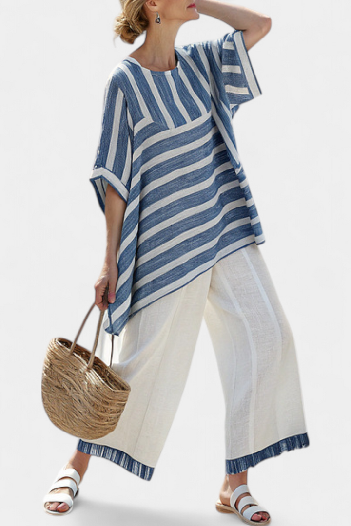 Constança - Conjunto de lino mediterráneo en azul y blanco con rayas