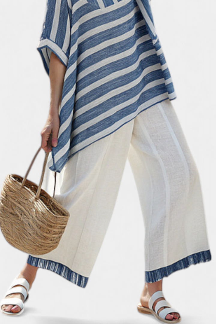 Constança - Conjunto de lino mediterráneo en azul y blanco con rayas