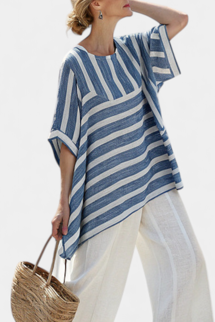 Constança - Conjunto de lino mediterráneo en azul y blanco con rayas