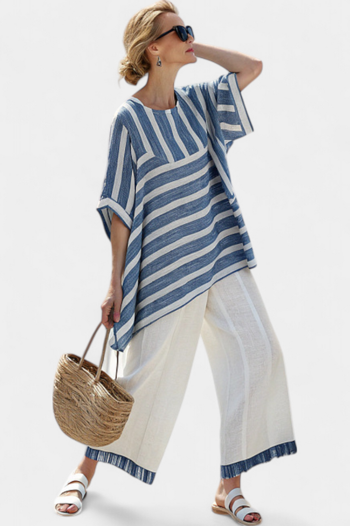 Constança - Conjunto de lino mediterráneo en azul y blanco con rayas