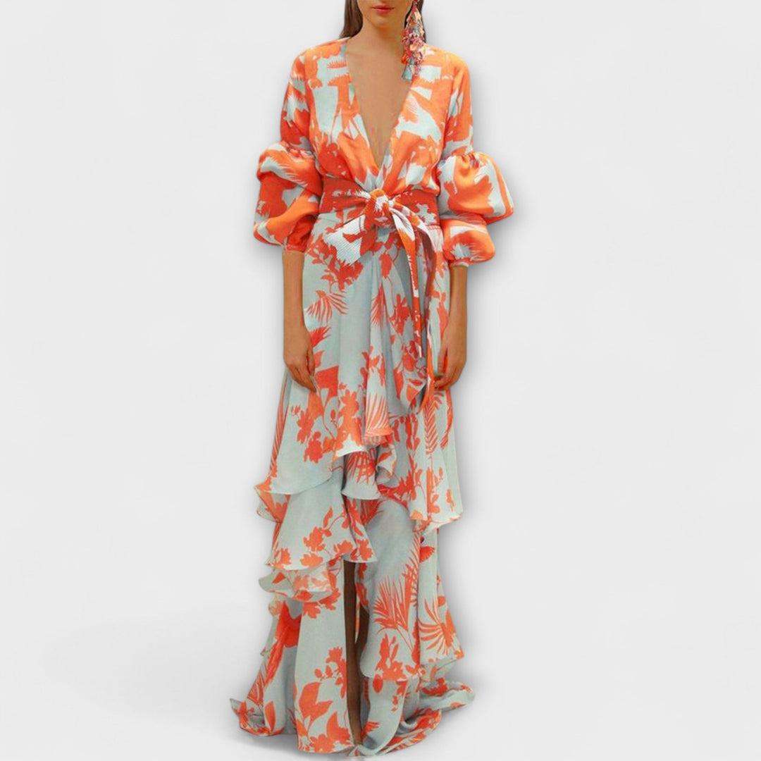 Marie - Vestido de fiesta amarillo de gasa con volantes