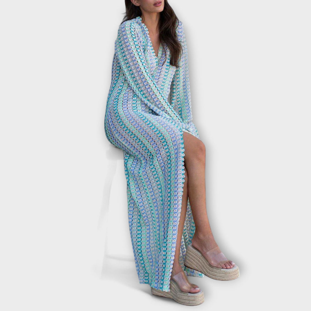 Elina - Vestido maxi de punto colorido con escote en V