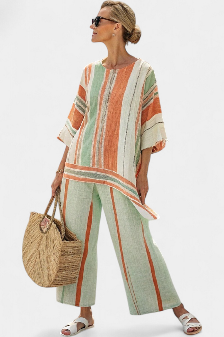 Dalila - Conjunto de lino color crema con rayas naranjas