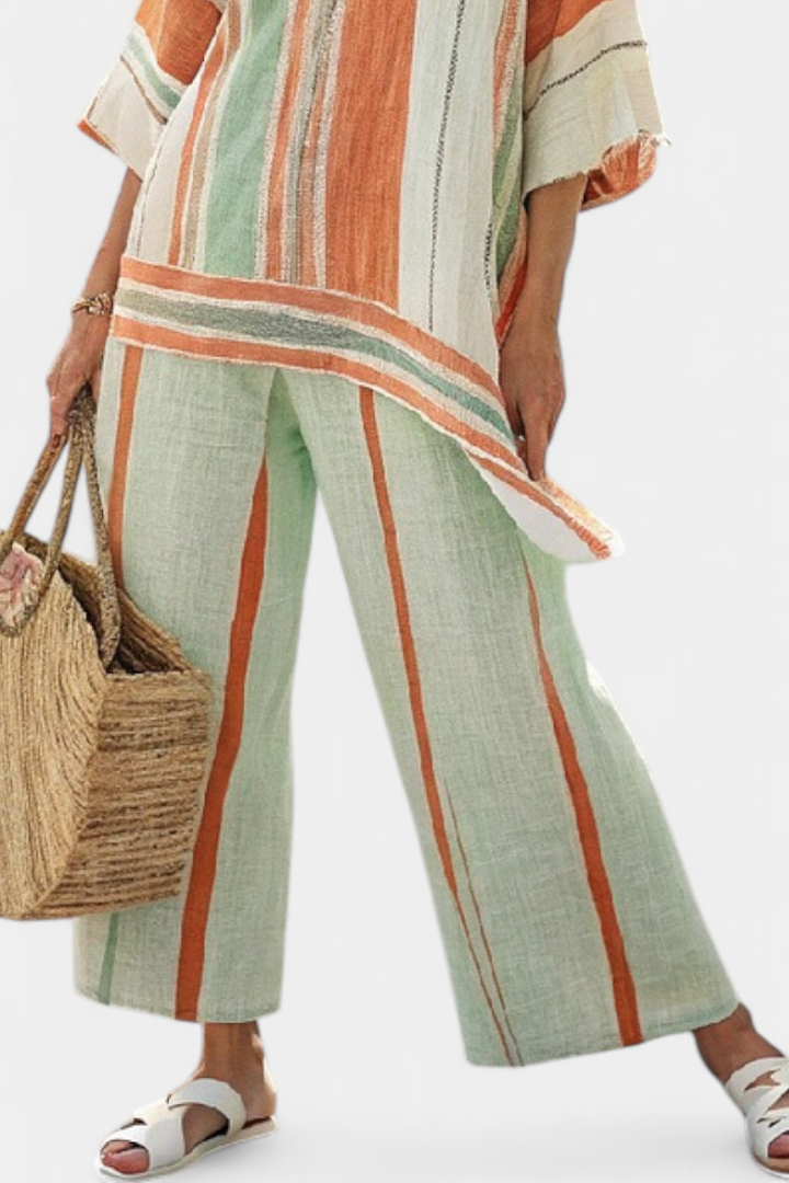 Dalila - Conjunto de lino color crema con rayas naranjas