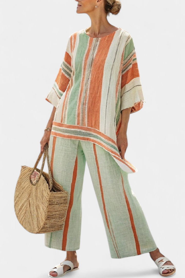 Dalila - Conjunto de lino color crema con rayas naranjas