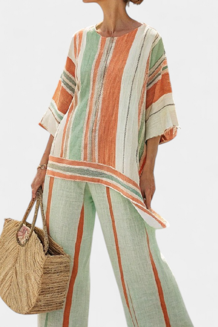 Dalila - Conjunto de lino color crema con rayas naranjas