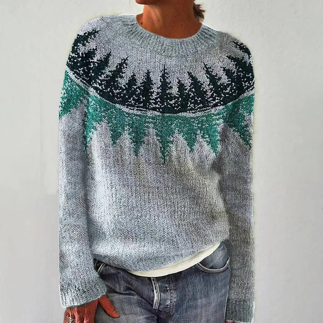 Svetlana - Jersey retro azul con patrón de pinos
