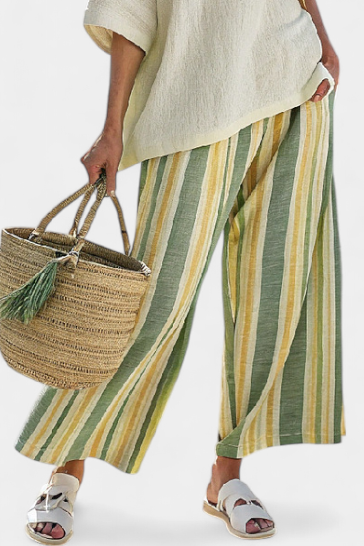 Olívia - Conjunto de lino de bambú en verde oliva con rayas