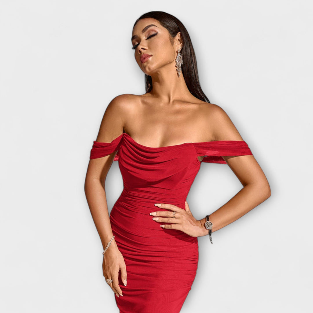 Ione - Vestido ajustado marrón con hombros al descubierto