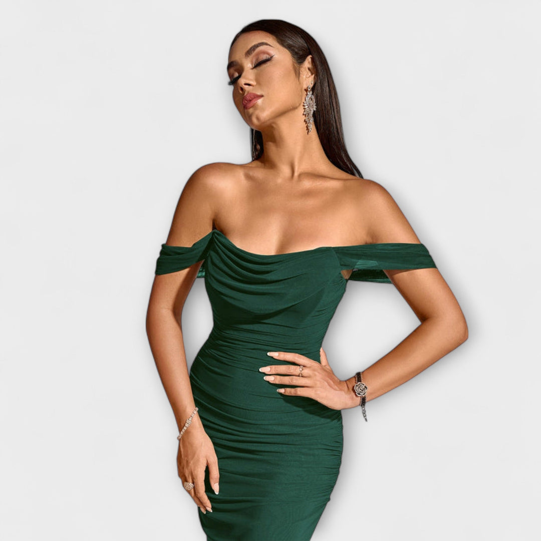 Ione - Vestido ajustado marrón con hombros al descubierto