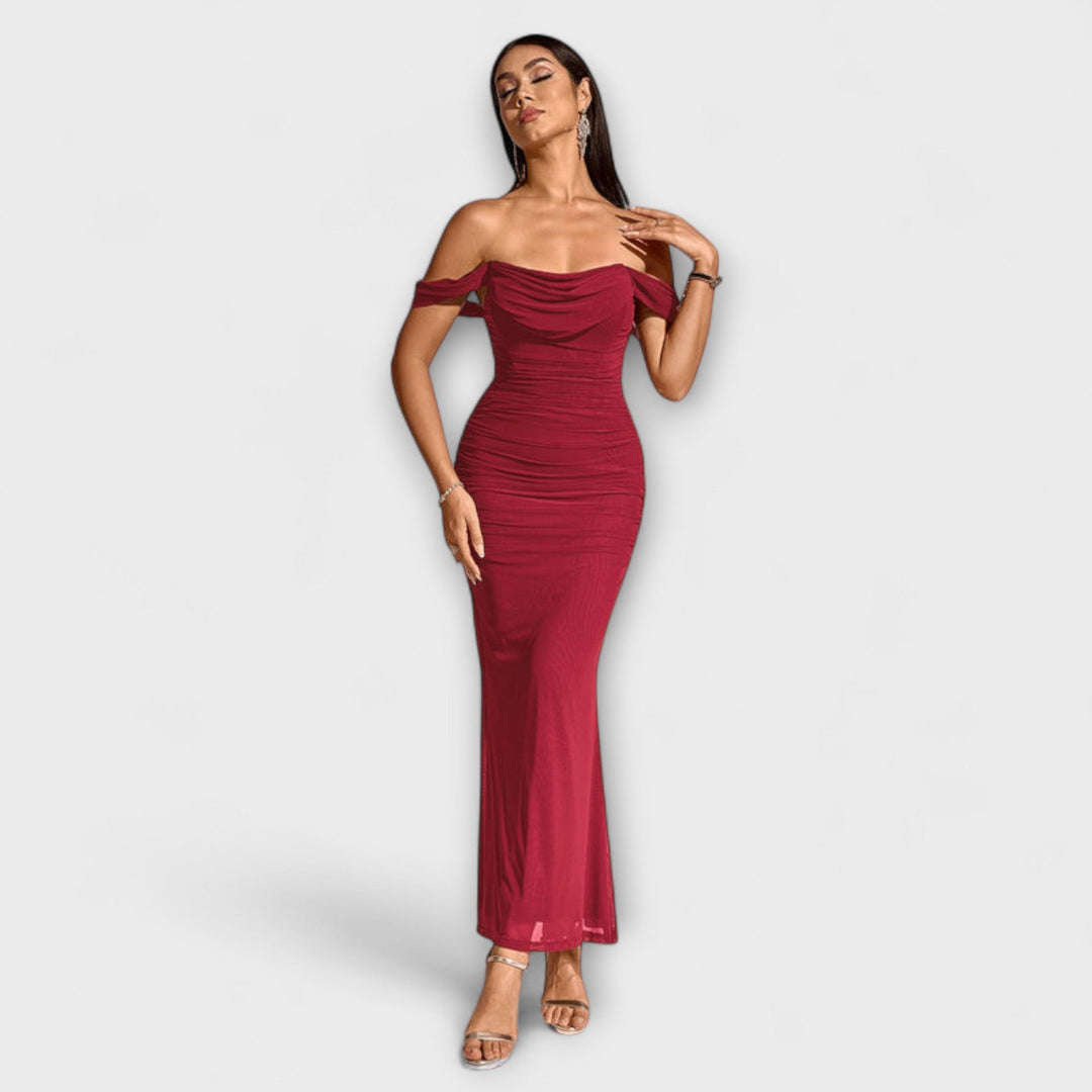 Ione - Vestido ajustado marrón con hombros al descubierto