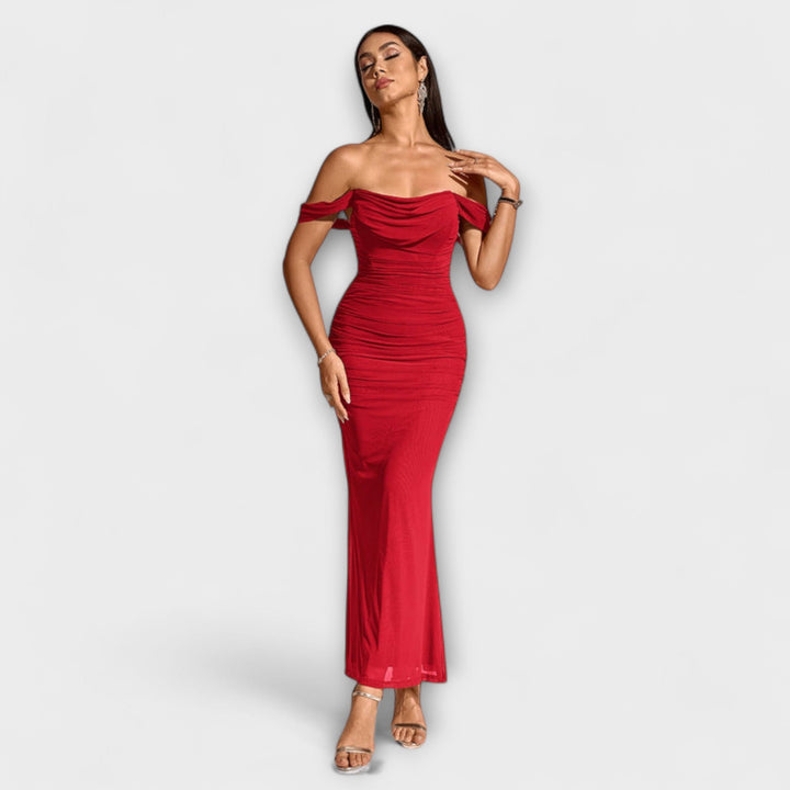 Ione - Vestido ajustado marrón con hombros al descubierto
