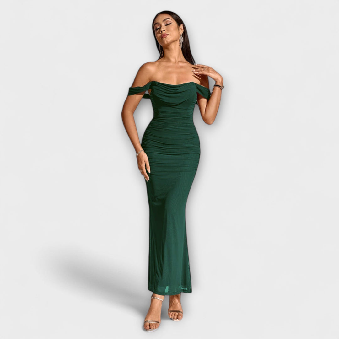 Ione - Vestido ajustado marrón con hombros al descubierto