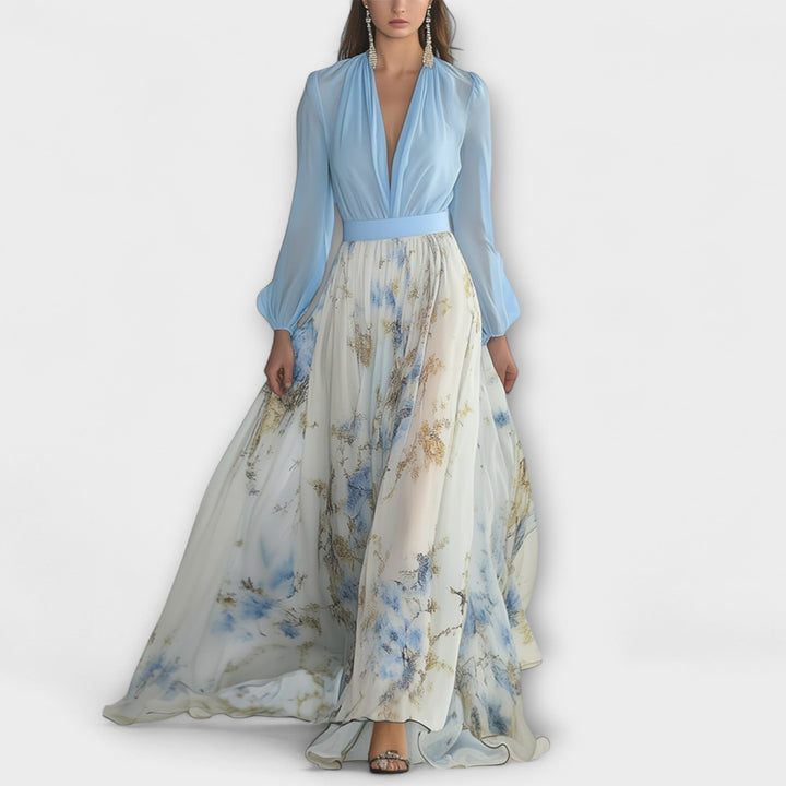 Harper - Vestido Maxí Floral en Azul Cielo
