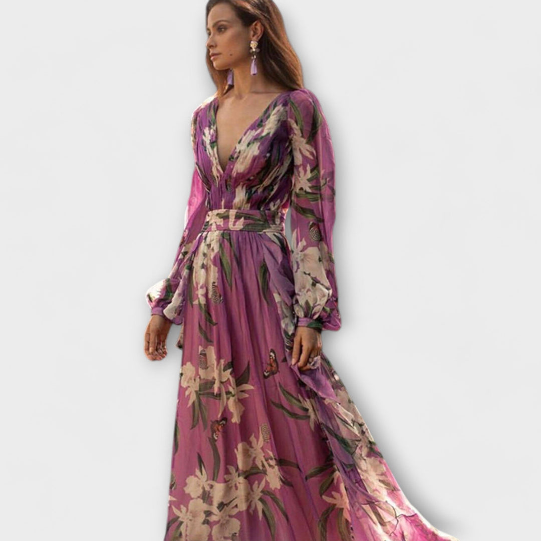 Vestido maxi lila de alta calidad con estampado de flores