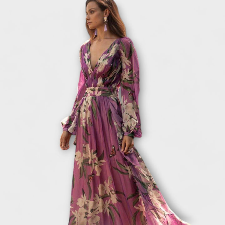 Vestido maxi lila de alta calidad con estampado de flores