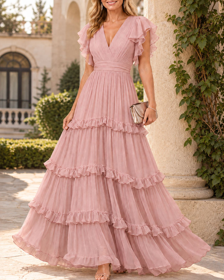 Rosalía - Vestido maxi rosa empolvado con escote en V