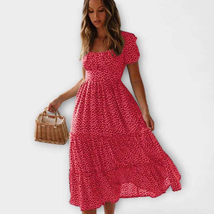 Vestido Maxivintage - Con estampado de flores rojas y mangas abullonadas