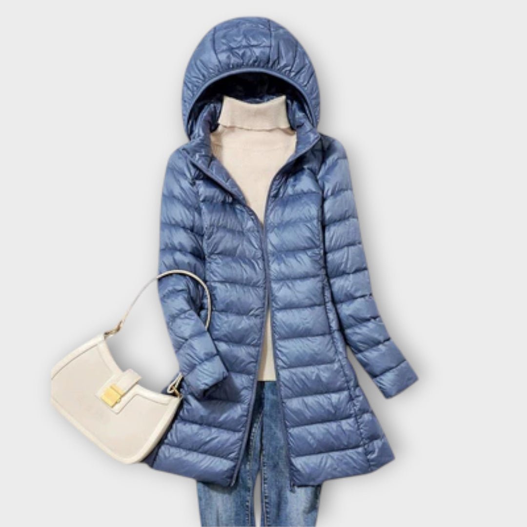 Annika - Chaqueta de plumas ultraligera beige con capucha